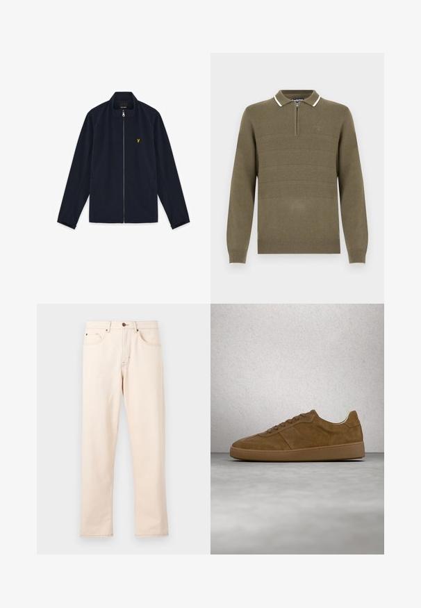 Veste zippée bleu marine avec col montant, manches longues, poches latérales et petit logo brodé jaune sur la poitrine.; Pull en maille vert olive pour homme avec manches longues, fermeture éclair half-zip à l'avant, col bordé de blanc, et finitions côtelées aux poignets et à l'ourlet.; Jean beige droit avec cinq poches, fermeture à boutons et surpiqûres contrastantes sur un fond clair uni.; Baskets en daim marron avec des lacets couleur fauve et une semelle en caoutchouc. Présente un bout arrondi et des détails cousus sur la tige. Design léger.