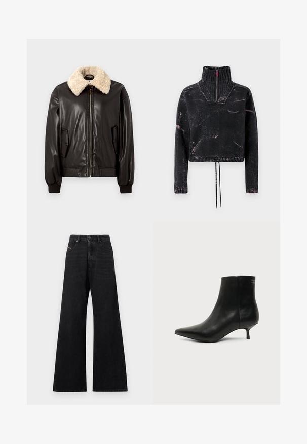 Sort læderbomberjakke med kridhvid shearling-krave, lynlåslukning, sidelommer og ribstrikkede manchetter. Glat tekstur og klassisk design.; Sort kort trøje med høj krave, halv lynlås, tekstureret stof og pink sprøjt mønster på fronten og ærmerne.; Sorte jeans med vide ben, lavet af denim, med høj talje, fem-lommer design og subtile syninger på forsiden.; Sort læder ankelstøvle med spids tå og lav kitten hæl på lys baggrund, der viser yderside.