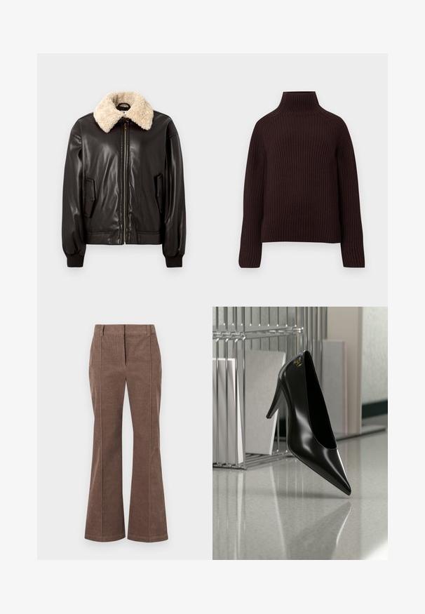 Sort læderbomberjakke med kridhvid shearling-krave, lynlåslukning, sidelommer og ribstrikkede manchetter. Glat tekstur og klassisk design.; Mørkebrun ribbet strik turtleneck-sweater med lange ærmer og en let boxy pasform mod en ensfarvet baggrund.; Brune corduroy lige bukser med frontfold og bæltestropper, præsenteret mod en hvid baggrund.; Sort højhælet sko med spids tå og guldlogo, placeret på en reflekterende overflade nær en krom trådfilholder med dokumenter.