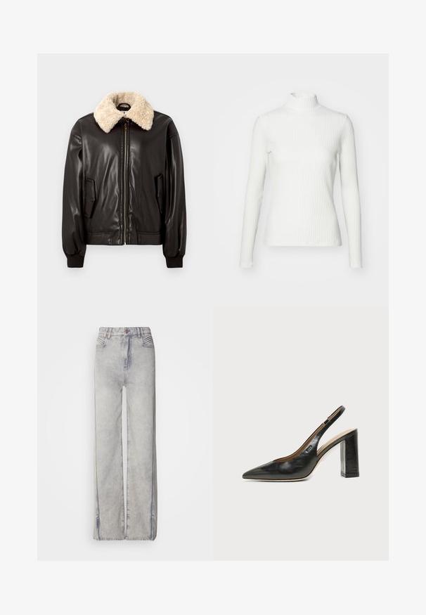 Sort læderbomberjakke med kridhvid shearling-krave, lynlåslukning, sidelommer og ribstrikkede manchetter. Glat tekstur og klassisk design.; Hvid ribbet turtleneck blouse med lange ærmer, lavet af elastisk stof. Har et tætsiddende design og høj hals for god dækning.; Lyseblå vid-leg jeans lavet af denim med en falmet vask, der har lynlås, fem lommer og kontraststikning.; Sort læder peep-toe slingback sko med høj blokhæl og beige indvendig foring mod en ensfarvet lys baggrund.