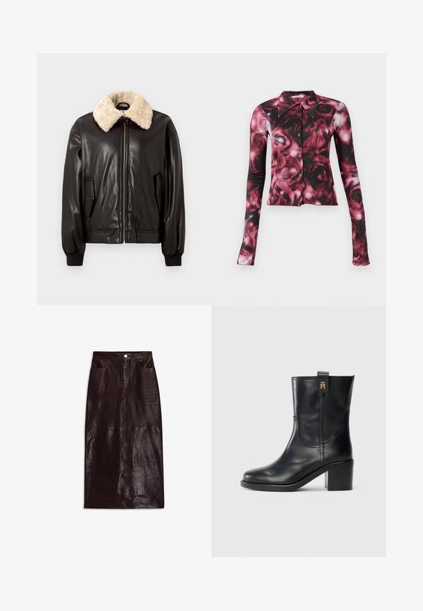 Sort læderbomberjakke med kridhvid shearling-krave, lynlåslukning, sidelommer og ribstrikkede manchetter. Glat tekstur og klassisk design.; Langærmet, skjortekrave skjorte med et pink og sort blomstermønster. Fremstillet af let, glat stof med knappelukning. Croppet design.; Brun lædernederdel, knælang, med en glat overflade, forneden lommer og en enkelt knappelukning i taljen.; Sorte læderstøvler til midt på læggen med blokhæl og guld "TH" logo på løftestation mod hvid baggrund.