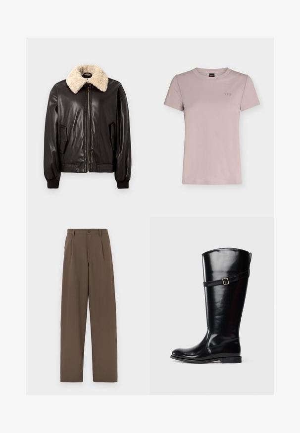 Sort læderbomberjakke med kridhvid shearling-krave, lynlåslukning, sidelommer og ribstrikkede manchetter. Glat tekstur og klassisk design.; Lyse lilla kortærmet rundhals bomulds t-shirt med lille broderet "BOSS" logo på venstre bryst.; Brune, vidde bukser lavet af glat stof, med dobbelte læg, enkelt knaplukning og standardlommer.; Høj sort læderstøvle med lav hæl og dekorativ rem med sølvspænde om den øvre læg.