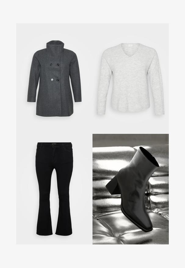 Manteau en laine grise avec un col haut, ouverture à double boutonnage, manches longues et une coupe droite.; Pull long ajusté gris clair à manches longues avec une texture côtelée, un décolleté en V et un ourlet légèrement courbé. Matériau doux avec de subtiles variations de motifs.; Jean évasé noir en denim, doté d'une fermeture à bouton, de cinq poches et d'une texture lisse. Design classique avec un ourlet évasé.; Botte noire à la cheville en matériau brillant avec un bout carré et un talon effilé, sur un fond argenté brillant et capitonné.