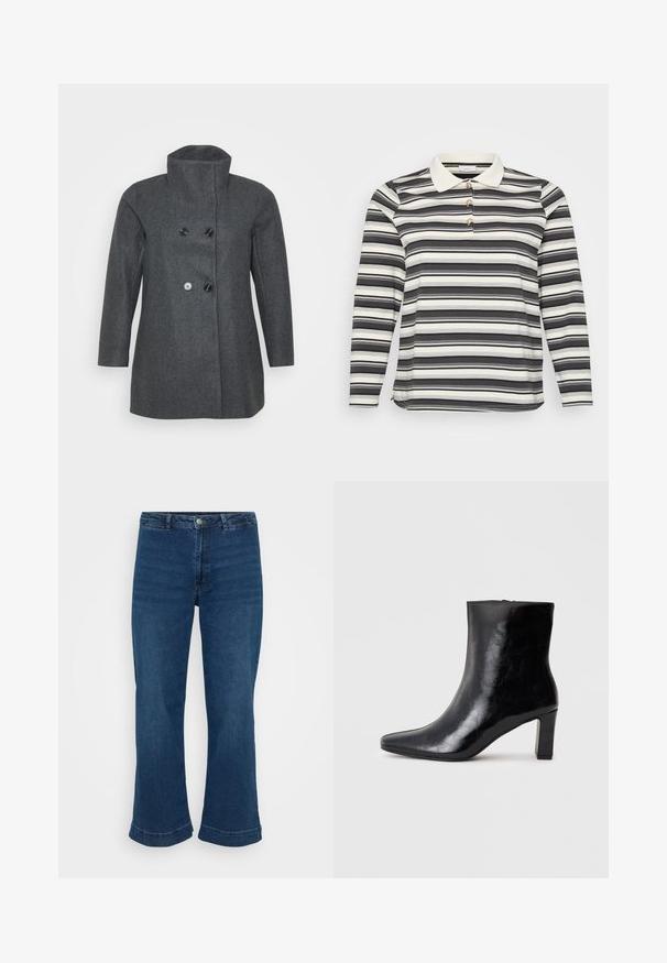 Manteau en laine grise avec un col haut, ouverture à double boutonnage, manches longues et une coupe droite.; Polo à manches longues avec un motif rayé noir et blanc, doté d'un col blanc en contraste et de trois accents de boutons décoratifs.; Jean bleu taille haute avec une jambe droite et un ourlet évasé, en denim. Présente un design classique à cinq poches et une fermeture à bouton en métal.; Bottine noire en cuir brillant, avec un bout pointu et un talon carré moyen, présentant une texture lisse et un design simple.