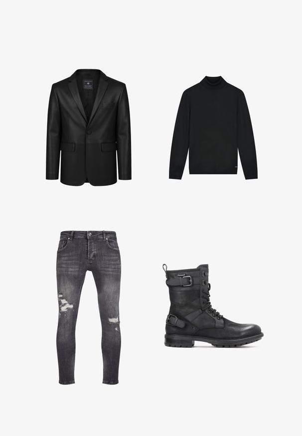 Blazer en cuir noir à bouton unique avec col à revers cranté, poche poitrine, deux poches avant à rabat, et étiquette Felix Hardy à l'intérieur du col.; Pull à col roulé noir en matériau doux, avec des manches longues et un col ajusté. Design minimaliste sans motifs visibles.; Jean en denim noir avec une coupe slim, présentant des détails usés et des déchirures effilochées aux genoux, ainsi qu'un design standard à cinq poches.; Kazar HEARD - Bottines de cowboy / motard - black
