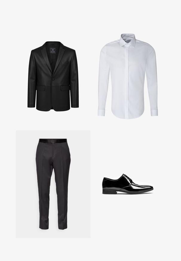 Blazer en cuir noir à bouton unique avec col à revers cranté, poche poitrine, deux poches avant à rabat, et étiquette Felix Hardy à l'intérieur du col.; Chemise blanche à manches longues en mélange de coton. Elle présente un col classique, une patte de boutonnage et un ourlet arrondi avec des poignets ajustables.; Pantalons noirs ajustés avec une coupe slim, devant plat et légère brillance. Présentent une taille noire lisse et des détails de plis le long des jambes.; Chaussure formelle noire en cuir brillant pour homme avec lacets, bout pointu et petit talon empilé sur fond blanc.