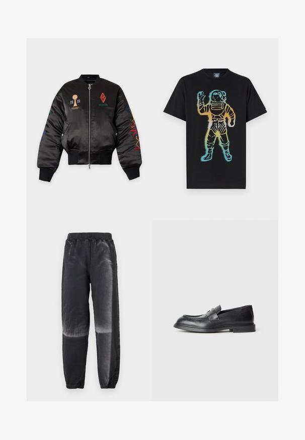 Veste bomber en satin noir avec logos et texte brodés colorés, fermeture éclair frontale, poignets et taille côtelés, et poches à boutons-pression.; T-shirt noir avec un graphisme multicolore représentant un astronaute rayé levant une main en signe de salutation.; Jogging en polaire noire avec taille et poignets élastiques, présentant un effet dégradé estompé du milieu de la cuisse à la cheville sur les deux jambes.; Mocassins en cuir noir avec une finition texturée, dotés d'une bride décorative à l'avant et d'un bout arrondi. Semelle en caoutchouc pour plus de durabilité.
