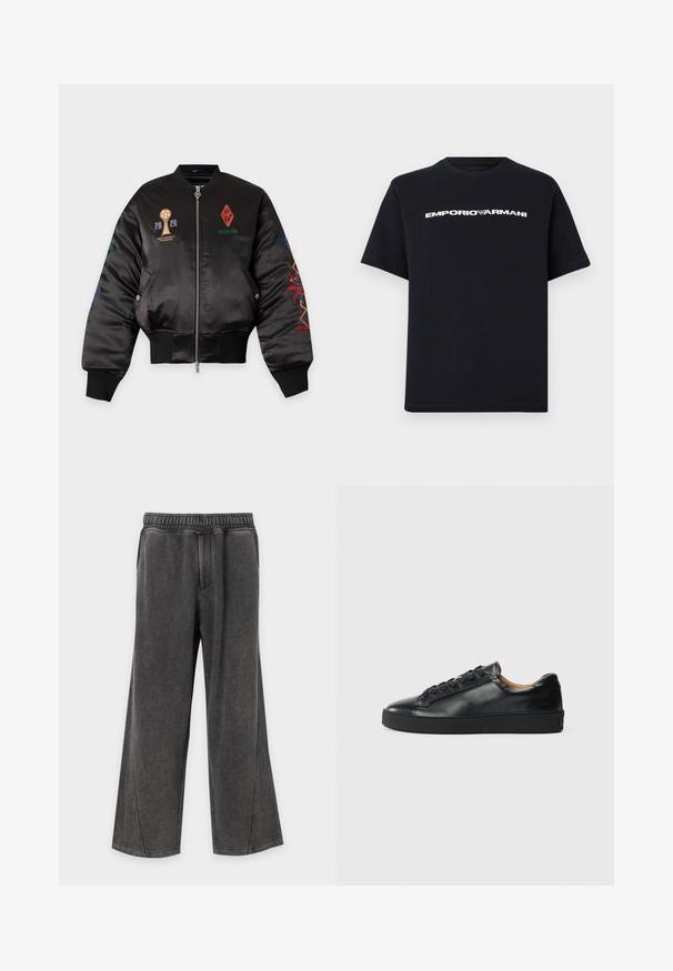 Veste bomber en satin noir avec logos et texte brodés colorés, fermeture éclair frontale, poignets et taille côtelés, et poches à boutons-pression.; T-shirt noir à manches courtes et col rond avec le texte blanc "EMPORIO ARMANI" et le logo aigle centrés sur la poitrine.; Pantalon gris foncé à jambes larges avec ceinture élastique et deux poches latérales, fabriqué en tissu doux et confortable.; Baskets en cuir noir avec une texture lisse, bout rond et fermeture à lacets. Comprend une semelle en caoutchouc épaisse et un minimum de détails de marque.