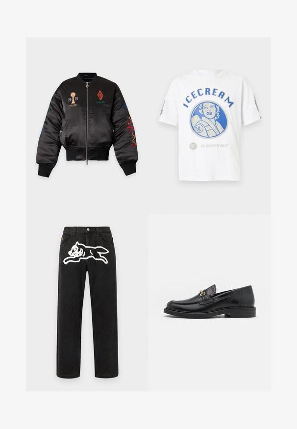 Veste bomber en satin noir avec logos et texte brodés colorés, fermeture éclair frontale, poignets et taille côtelés, et poches à boutons-pression.; T-shirt en coton blanc avec un motif graphique bleu sur le thème de la crème glacée, texte "ICECREAM" et une illustration de visage.; Jean en denim noir à coupe décontractée, avec un motif de chat brodé blanc à l'arrière et une fermeture à bouton à la taille.; Mocassins en cuir noir avec un embout rond, présentant des accents en métal doré et des détails de couture, montés sur une semelle en caoutchouc texturé et basse.