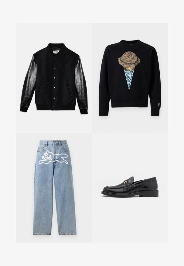 Schwarze Varsity-Jacke mit Wollkörper und glänzenden schwarzen Ledermanschetten. Verfügt über Druckknöpfe und seitliche Taschen, mit gerippten Bündchen und Saum.; Schwarzer Sweatshirt mit einem grafischen Druck eines Eisbechers mit einer strukturierten Kugel, akzentuiert mit blauen und goldenen Details.; Helleblaue Denim-Jeans mit einer lockeren, weiten Passform. Auf der Rückseite befindet sich ein weißes Grafikdesign eines laufenden Katers. Klassisches Fünf-Taschen-Design.; Schwarze Lederleter mit einer abgerundeten Zehenpartie, ausgestattet mit goldenen Hardwareakzenten und Stichdetails, auf einer niedrigen, strukturierten Gummisohle.