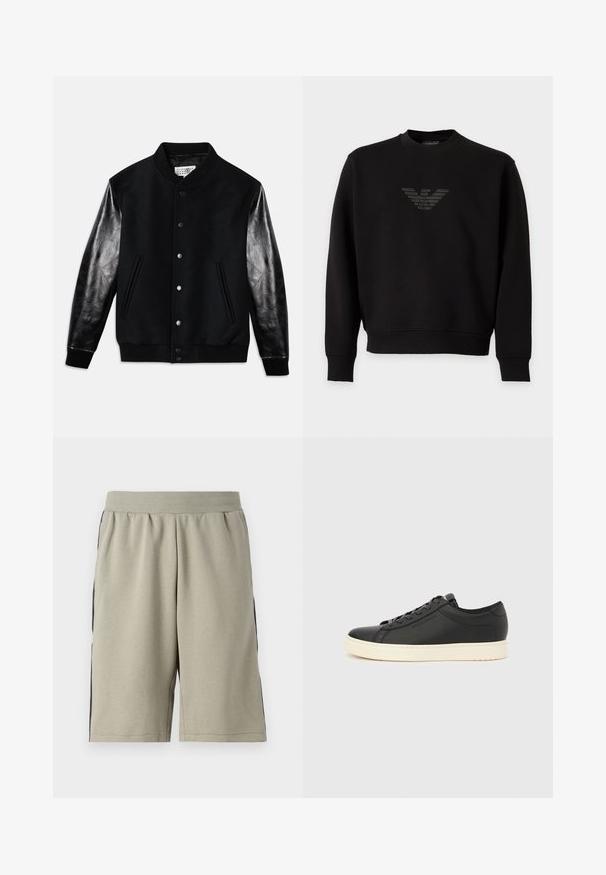 Sort varsity-jakke med uldkrop og skinnende sorte læderærmer. Har trykknapper og sidelommer samt ribbet manchetter og kant.; Sort langærmet sweatshirt med rund halsudskæring, der har et subtilt, blankt ørnelogo centreret på brystet.; Lys grå, knælange shorts lavet af blødt stof, med en sort stribe langs hver side og en elastisk talje for komfort.; Sort lædersneakers med glat tekstur, hvid gummisål, rund tå og matchende sorte snørebånd. Diskret branding på siden.