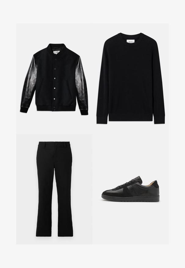 Schwarze Varsity-Jacke mit Wollkörper und glänzenden schwarzen Ledermanschetten. Verfügt über Druckknöpfe und seitliche Taschen, mit gerippten Bündchen und Saum.; Schwarzer gerippter Pullover mit Rundhalsausschnitt, langen Ärmeln und gestrickter Textur. Verfügt über einen geraden Saum und ein dezentes Markenlabel innen.; Schwarze, weit geschnittene Hosen aus einem Baumwollgemisch, mit einem Knopfverschluss, Gürtelschlaufen und einer glatten Textur ohne sichtbare Muster.; Tiger of Sweden BELLICU - Sneaker low - black