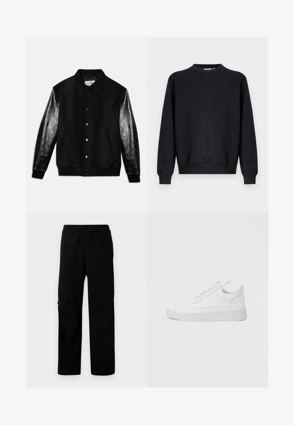 Sort varsity-jakke med uldkrop og skinnende sorte læderærmer. Har trykknapper og sidelommer samt ribbet manchetter og kant.; Sort sweatshirt lavet af bomuldsblend. Rund halsudskæring, lange ærmer, ribstrikkede manchetter og kant. Diskret logo på brystet.; Sorte fleecebukser med elastisk talje og lige ben. Glat tekstur uden synlige mønstre eller hardware.; Hvid lædersneaker med rundet tå, flad sål og snørebånd foran. Har syningsdetaljer og polstret krave for komfort.