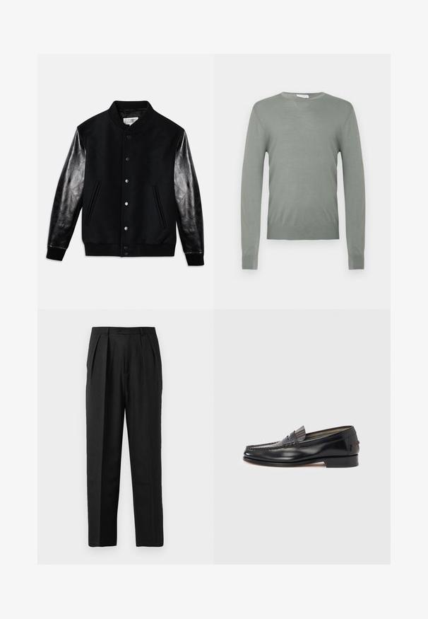 Schwarze Varsity-Jacke mit Wollkörper und glänzenden schwarzen Ledermanschetten. Verfügt über Druckknöpfe und seitliche Taschen, mit gerippten Bündchen und Saum.; Hellgrüner Strickpullover mit langen Ärmeln und Rundhalsausschnitt. Glatte Textur mit gerippten Bündchen und Saum. Keine sichtbaren Beschläge oder Muster.; Schwarze, plissierte Hose mit maßgeschneidertem Design, aus glattem Stoff gefertigt, mit Knopfverschluss und geradem Schnitt.; Schwarze Leder-Loafer mit Mokassin-Design, verziert mit einem dekorativen Band und Steppnähten am Obermaterial. Niedriger Blockabsatz.