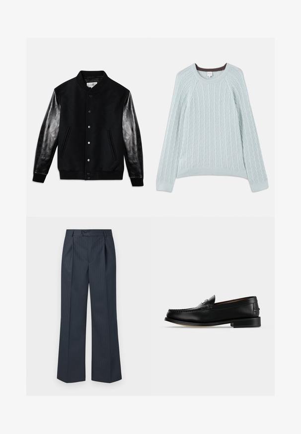 Schwarze Varsity-Jacke mit Wollkörper und glänzenden schwarzen Ledermanschetten. Verfügt über Druckknöpfe und seitliche Taschen, mit gerippten Bündchen und Saum.; Hellblauer Kabelstrickpullover mit Raglanärmeln, rundem Ausschnitt und gerippten Bündchen. Weiche Textur mit subtilen braunen Akzenten am Ausschnitt.; Marineblau gestreifte weit geschnittene Hose mit vorderen Falten, einem einzelnen Knopfverschluss und glattem Stoff. Mit vertikalen grünen Nadelstreifen als Detail.; Schwarzer Leder-Herrenschuh (Loafer) mit niedrigem Absatz und Mokassin-artiger Naht am Zehenbereich, seitlich auf einfarbigem Hintergrund dargestellt.