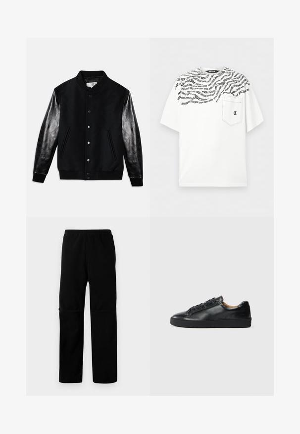 Schwarze Varsity-Jacke mit Wollkörper und glänzenden schwarzen Ledermanschetten. Verfügt über Druckknöpfe und seitliche Taschen, mit gerippten Bündchen und Saum.; Weißes T-Shirt mit kurzen Ärmeln und schwarzem diagonalen "Just Cavalli"-Schriftzug über Schultern und oberer Brust, mit einer Brusttasche und kleinem schwarzem Logo.; Schwarze Fleece-Hosen mit elastischem Bund und geradem Bein. Glatte Textur ohne sichtbare Muster oder Beschläge.; Schwarze Leder-Sneaker mit glatter Textur, runder Zehenpartie und Schnürverschluss. Verfügt über eine dicke Gummisohle und minimalistische Marken-Details.