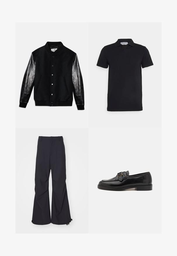 Schwarze Varsity-Jacke mit Wollkörper und glänzenden schwarzen Ledermanschetten. Verfügt über Druckknöpfe und seitliche Taschen, mit gerippten Bündchen und Saum.; Schwarzes kurzärmliges Polohemd mit klassischem Kragen, aus glattem Material. Verfügt über ein Etikett mit dem Markennamen 'Filippa K' am Kragen.; Marineblaue Schlaghosen aus einem glatten Stoff, mit zwei Vorderaschen und Zugband-Akzenten am Saum. Sauberes, maßgeschneidertes Design ohne Verzierungen.; Schwarze Leder-Lederschuhe mit abgerundeter Zehenpartie und dekorativem Schnallenakzent. Flacher, solider Absatz und durchgehend glatte Oberfläche.