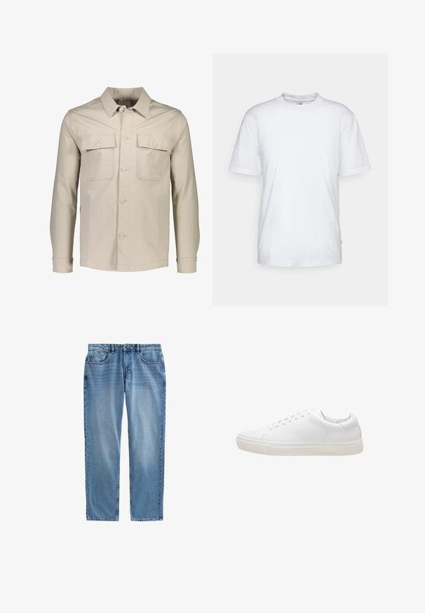 Beige knap-jakke lavet af letvægtsstof. Har to brystlommer, en spids krave og lange ærmer med knapmanchetter.; Hvid bomulds t-shirt med rund hals, korte ærmer og lige kant. Har et lille mærke på den venstre sidesøm.; Lyseblå denimjeans med lige ben, fem-lomme design, synlig syning og lynlås. Ingen slid eller mønstre.; Hvide lædersneakers med en glat overflade, rund tå, snørebåndslukning og flad gummisål. Minimalistisk design uden synlige mønstre.