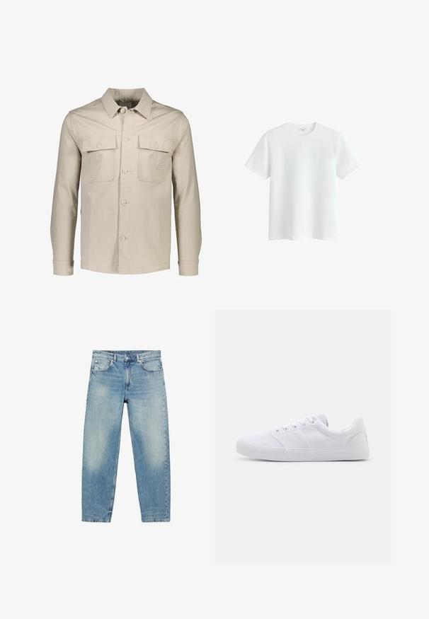 Beige knap-jakke lavet af letvægtsstof. Har to brystlommer, en spids krave og lange ærmer med knapmanchetter.; Hvid kortærmet bomulds t-shirt med rund halsudskæring, vist på hvid baggrund.; Blå straight-leg denim jeans med forlommer og bæltestropper, der viser let falmede detaljer på lår og knæ.; Hvide lærreds sneakers med gummisål, der har seks snørehuller, en struktureret tåkap og et minimalistisk design.