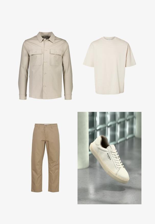 Beige knap-jakke lavet af letvægtsstof. Har to brystlommer, en spids krave og lange ærmer med knapmanchetter.; Simpel beige kortærmet oversize bomuld t-shirt med rund halsudskæring, vist fladt på hvid baggrund.; Beige bomuldsbukser med lige ben-design, der har en frontknap og lynlås lukning, sidelommer og et rent finish.; Hvid lærreds-sneaker med beige sål og snørebånd, "AllSaints London" logo på siden, svævende over en grå poleret gulv nær glasblokke.