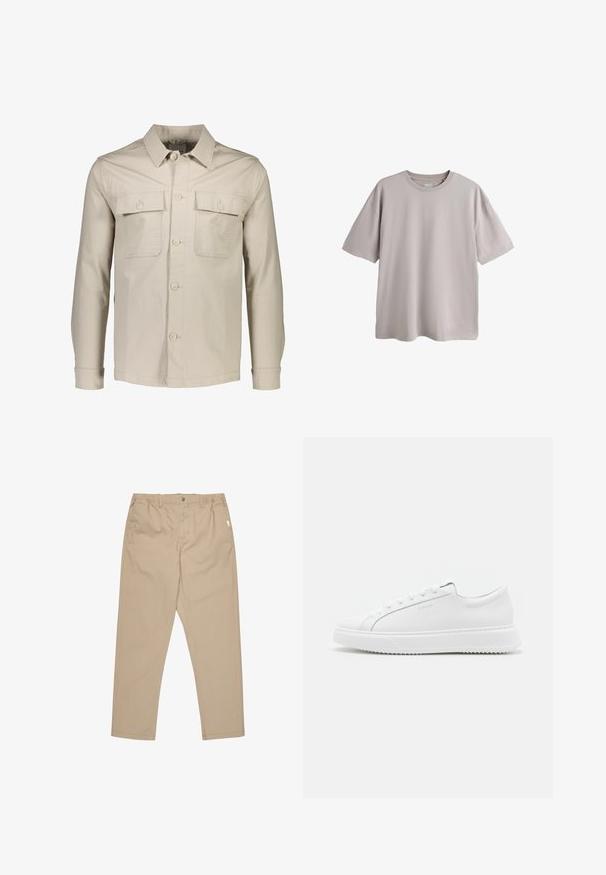Beige knap-jakke lavet af letvægtsstof. Har to brystlommer, en spids krave og lange ærmer med knapmanchetter.; Lysegrå oversized t-shirt med korte ærmer og rund hals, vist fladt mod en hvid baggrund.; Khaki bukser lavet af letvægtsstof, med lige ben, knaplukning og sidelommer. Glat tekstur med minimal detaljer.; Hvide sneakers lavet af glat syntetisk materiale. Har et lavt design, forhøjet hvid sål, rund tå og snørebånd foran med fem snøre-huller.