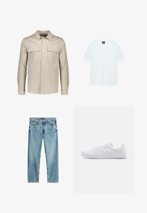 Beige Knopfjacke aus leichtem Stoff. Verfügt über zwei Brusttaschen, einen spitzen Kragen und lange Ärmel mit Knopfmanschetten.; Schlichtes weißes T-Shirt mit kurzen Ärmeln und Rundhalsausschnitt mit einem schwarzen Pull&Bear-Label innen am Halsausschnitt, auf weißem Hintergrund gezeigt.; Hellblaue Jeans mit geradem Bein, Fronttaschen, Gürtelschlaufen und Knopfverschluss.; Weiße Leinenschuhe mit Gummisohle, ausgestattet mit sechs Ösen, einer strukturierten Zehenkappe und minimalistischer Gestaltung.