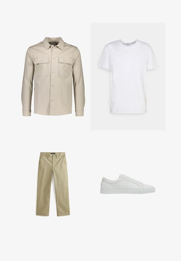 Beige overhemdjack van lichtgewicht stof. Voorzien van twee borstzakken, een puntige kraag en lange mouwen met knoopmanchetten.; Witte t-shirt met korte mouwen, gemaakt van katoen. Heeft een ronde halslijn en een comfortabele pasvorm zonder zichtbare patronen of accessoires.; Beige katoenen chinos met een rechte pijp, voorzien van twee voorzakken en een klassieke knoopsluiting. Soepele textuur, minimale accenten.; Reiss REGULAR FIT - LUCA TUMBLED - Sneakers laag - white
