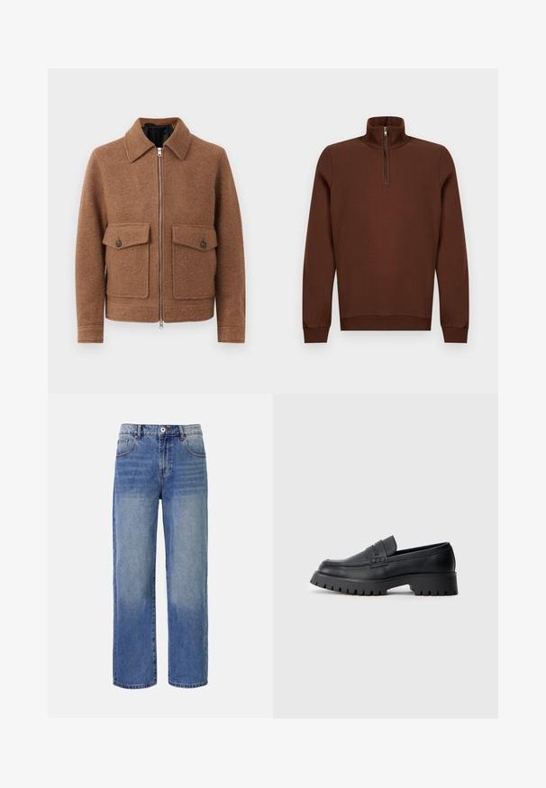 Braune Wollmischung Jacke mit einem Kragen, Frontreißverschluss und zwei aufgesetzten Taschen mit Knopfverschlüssen. Schlichtes, strukturiertes Design.; Brauner Pullover mit langen Ärmeln, Halb-Reißverschluss und hohem Kragen sowie gerippten Bündchen und Saum, auf einem schlichten Hintergrund präsentiert.; Helle blaue Denim-Jeans mit weitem Bein, einem Ausbleichungsmuster, fünf Taschen und einem Reißverschluss. Mit einem Knopf und Gürtelschlaufen an der Taille.; Schwarze Leder-Loafer mit abgerundeter Schuhspitze, ausgestattet mit einem dekorativen Riemen und einer robusten Gummisohle mit tiefem Profil für besseren Halt.