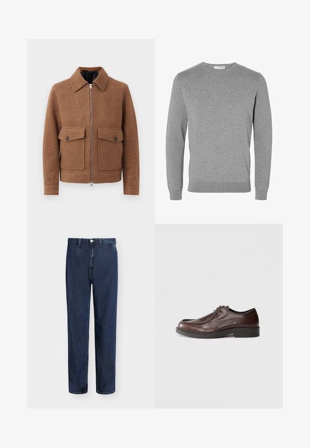 Brun uldblanding jakke med krave, frontlynlås og to påsatte lommer med knaplukninger. Enkel, struktureret design.; Lysegrå langærmet rundhalset sweater med ribkanter ved ærmer og kant, lavet af blødt strikstof.; Mørkeblå straight-leg denim jeans med bæltestropper, foran knap og lynlås lukning, vist på en ensfarvet lys baggrund.; Brune lædersko med rund tå, minimal syning og en solid sort sål. Har snørelukning og en glat overflade.