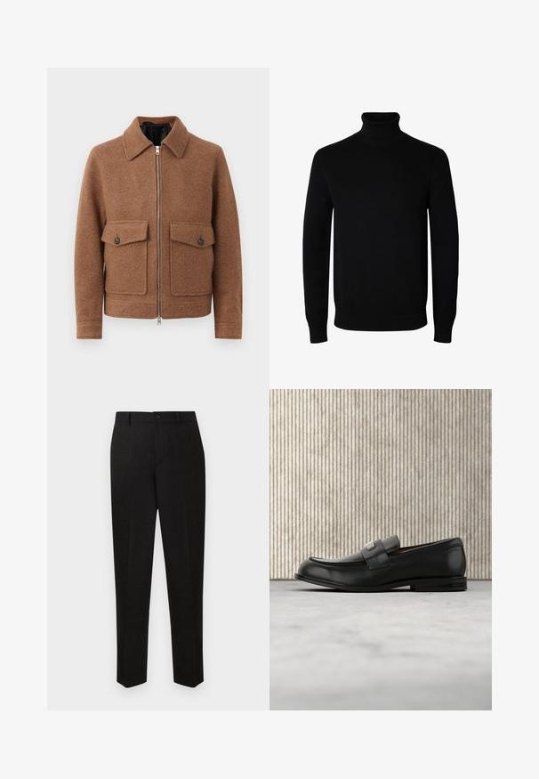 Braune Wollmischung Jacke mit einem Kragen, Frontreißverschluss und zwei aufgesetzten Taschen mit Knopfverschlüssen. Schlichtes, strukturiertes Design.; Schwarzer Langarm-Rollkragenpullover mit gerippten Bündchen und Saum, auf einem schlichten weißen Hintergrund dargestellt.; Schwarze, maßgeschneiderte Hosen mit geradem Bein, ausgestattet mit einem Knopfverschluss und feiner Textur. Keine sichtbaren Muster oder Akzente.; Schwarzer Lederloafer mit einer Metallmarkenplatte, der nahe einem braunen runden Tisch auf beigem Teppichboden ruht.