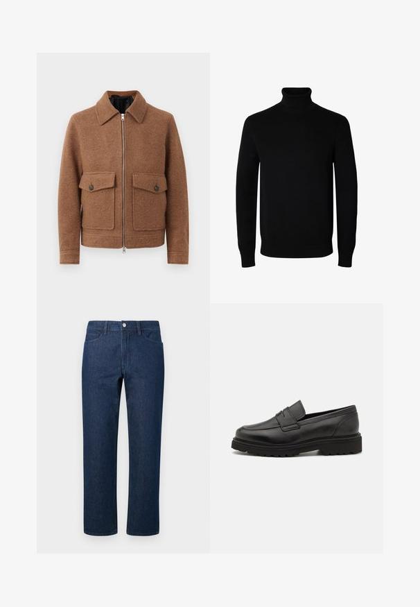 Brun uldblanding jakke med krave, frontlynlås og to påsatte lommer med knaplukninger. Enkel, struktureret design.; Sort langærmet rullekrave sweater med rib manchetter og kant, vist på en ensartet hvid baggrund.; Mørkeblå lige ben jeans med forlommer, bælteløkker og en metalknaplukning i taljen mod en ensfarvet baggrund.; Sort læder loafersko med rund tå, syningsdetaljer og en tyk, struktureret sål. Har et elegant, minimalistisk design.
