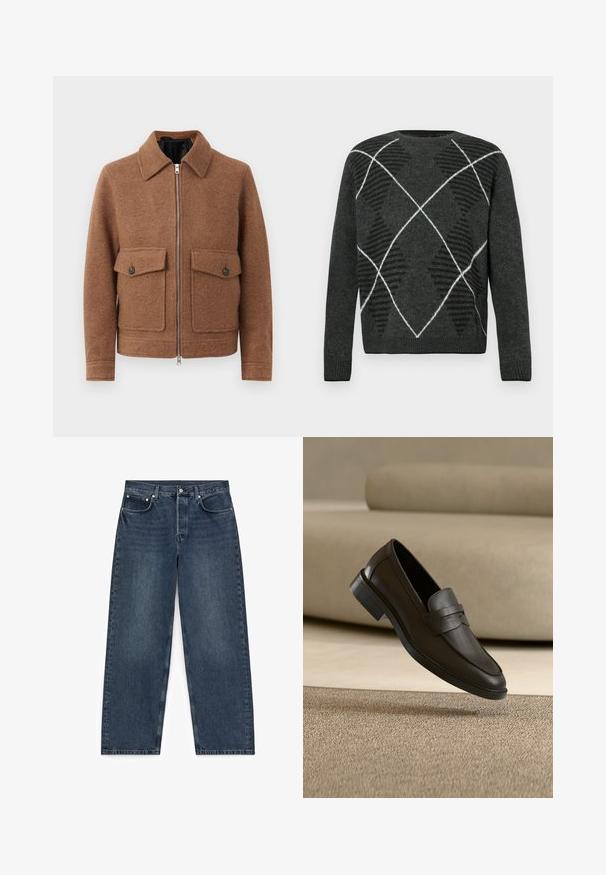 Brun uldblanding jakke med krave, frontlynlås og to påsatte lommer med knaplukninger. Enkel, struktureret design.; Mørkegrå sweater med et struktureret argyle-mønster i sort og hvid. Har en rund hals og ribbede manchetter. Blødt stof, lange ærmer.; Mørkeblå straight-leg denimjeans med fem lommer og knaplukning, lagt fladt på en hvid baggrund.; Sort læder loafer sko, der hviler på et beige tæppe med en buet beige sofa i baggrunden.