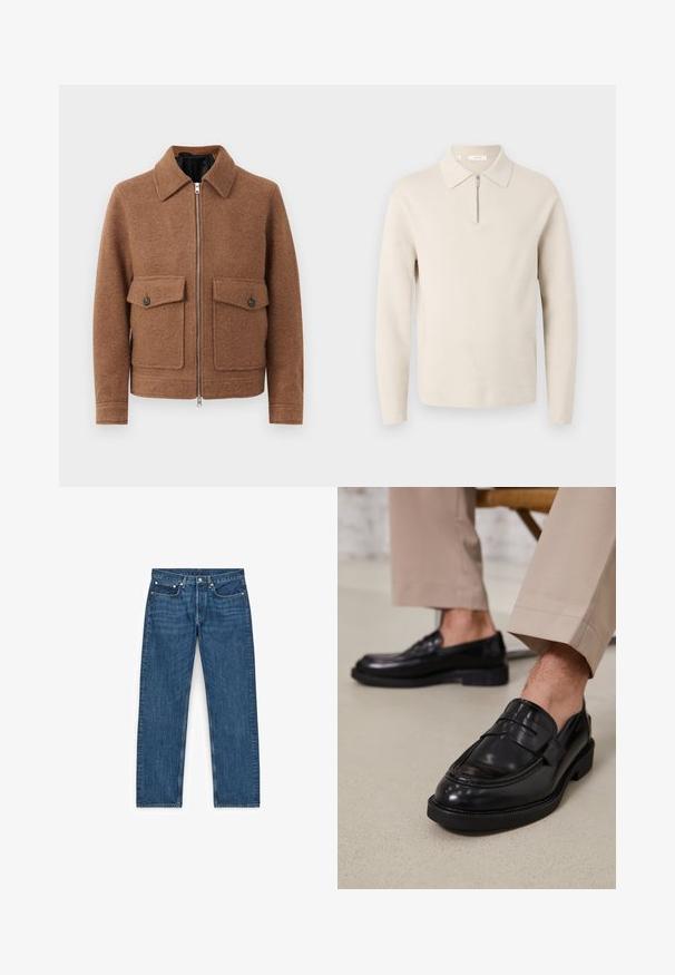 Chaqueta de mezcla de lana marrón con cuello, cremallera frontal y dos bolsillos de parche con cierres de botón. Diseño simple y texturizado.; Jersey beige de manga larga con cuello y una cremallera corta en la parte delantera, mostrado sobre un fondo blanco.; Pantalones vaqueros azules de mezclilla con corte recto, cuatro bolsillos y detalles de herrajes metálicos. La tela tiene una ligera textura y un lavado uniforme.; Mocasines de cuero negro con un acabado suave, que cuentan con una correa decorativa y costuras en contraste, combinados con pantalones beiges.