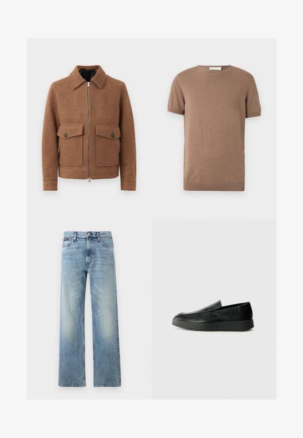 Braune Wollmischung Jacke mit einem Kragen, Frontreißverschluss und zwei aufgesetzten Taschen mit Knopfverschlüssen. Schlichtes, strukturiertes Design.; Brauner Strickpullover mit kurzen Ärmeln, gerippten Bündchen und Rundhalsausschnitt, auf weißem Hintergrund präsentiert.; Hellblaue Jeans mit geradem Bein, hohem Bund, fünf Taschen, Knopfverschluss und dezentem Verblassen an Oberschenkeln und Knien.; Calvin Klein HYBRID CUP - Slipper - triple black