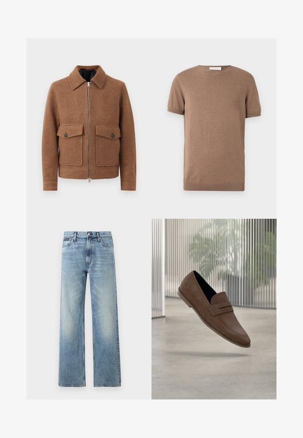 Bruine wollen blendjacket met een kraag, voorrits en twee opgestikte zakken met knoopsluitingen. Eenvoudig, textuurontwerp.; Bruine korte mouw gebreide trui met geribbelde zoom en ronde hals, weergegeven op een witte achtergrond.; Lichtblauwe denim jeans met rechte pijpen, een hoge taille, vijf zakken, knoopsluiting en subtiele vervaging op de dijen en knieën.; Bruine suède loafers met een gladde afwerking, gestikte details en een afgeronde neus. Verhoogde zool en instapmodel.