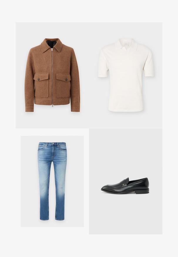 Braune Wollmischung Jacke mit einem Kragen, Frontreißverschluss und zwei aufgesetzten Taschen mit Knopfverschlüssen. Schlichtes, strukturiertes Design.; Weißes Kurzarm-Poloshirt mit Strickstruktur und offenem Kragen, dargestellt auf einem schlichten hellgrauen Hintergrund.; Herren Slim-Fit blaue Jeans mit verblasster Vorderseite, klassischem Fünf-Taschen-Design, Knopfverschluss und Gürtelschlaufen.; Schwarzer Herren-Ledermokassin mit niedrigem Absatz, abgerundeter Zehe und kleinem metallischem Logo auf dem Riemen, seitlich auf schlichtem Hintergrund dargestellt.