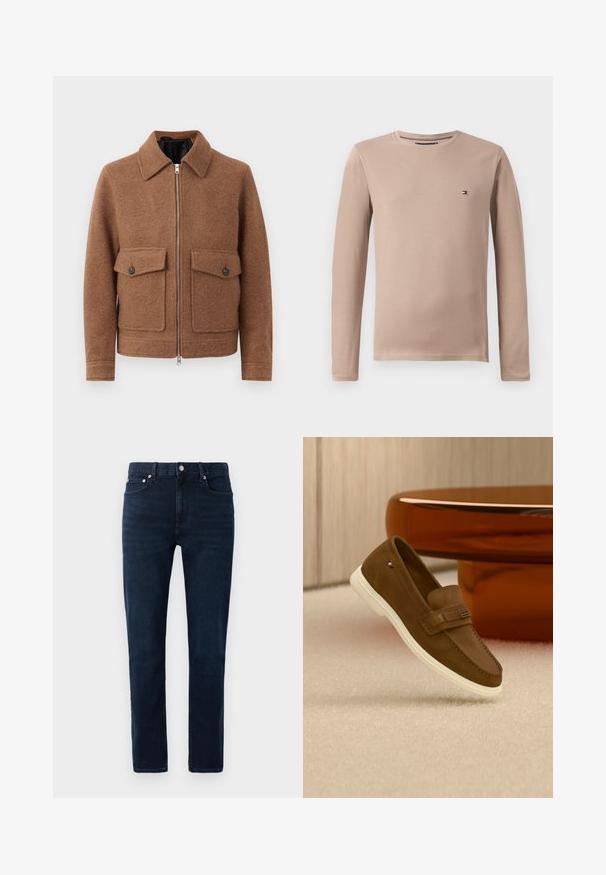 Bruine wollen blendjacket met een kraag, voorrits en twee opgestikte zakken met knoopsluitingen. Eenvoudig, textuurontwerp.; Lange-mouwen beige katoenen t-shirt met een ronde hals en klein logo, met een gladde textuur en een aansluitend ontwerp.; Donker gewassen spijkerbroek met een rechte pasvorm. Beschikt over een klassieke knoopsluiting, vijf zakken en subtiele stikseldetails.; Bruine suède loafer met witte zool en metalen detail, zwevend boven een licht tapijt naast een glanzend bruin rond meubelstuk.