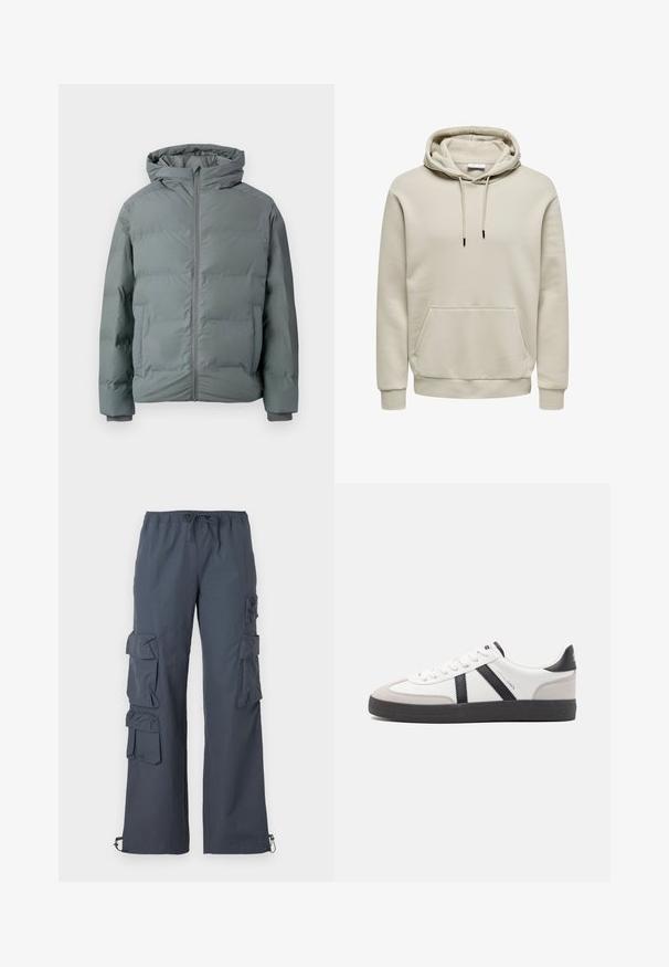Veste d'hiver matelassée grise avec capuche, fermeture éclair à l'avant et poches latérales, conçue pour temps froid.; Sweat à capuche beige avec cordons, poche kangourou, poignets et ourlet côtelés, présenté sur fond blanc.; Pantalons cargo gris foncé avec une taille élastique, plusieurs grandes poches sur les côtés et des poignets ajustables aux chevilles.; Baskets blanches avec des accents noirs et gris, présentant un embout texturé gris, une semelle en caoutchouc noir et des lacets plats blancs. Design épuré, style minimaliste.