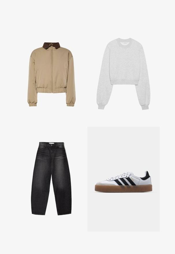 Beige letvægtsjakke med brun fløjlskrage, frontlynlås, elastiske manchetter og samlet talje, præsenteret på en hvid baggrund.; Afskåret sweatshirt i lys grå stof, med lange ærmer, rund halsudskæring, ribbede ærmer og en subtil tekstur.; Højtaljede sorte denimjeans med en afslappet pasform, subtil brænding, fem-lommer design og knaplukning. Glat tekstur hele vejen igennem.; Hvide lædersneakers med sorte striber, gummirubber sål, rund tå, snørelukning og blød grå ruskinds tåhætte.