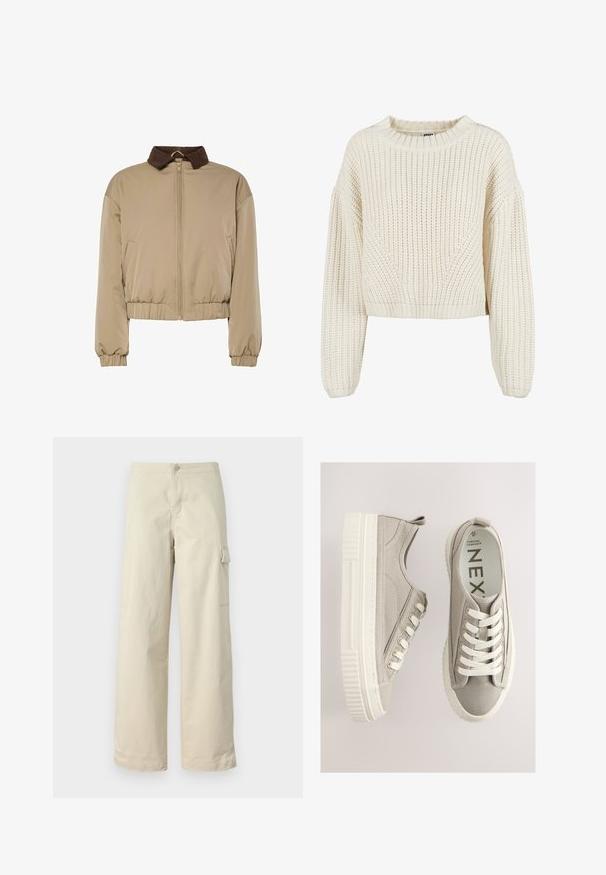 Beige letvægtsjakke med brun fløjlskrage, frontlynlås, elastiske manchetter og samlet talje, præsenteret på en hvid baggrund.; Chunky strik creme trøje med rund halsudskæring, brede ærmer, ribbede manchetter og et struktureret mønster. Korte design.; Beige cargo bukser lavet af blødt bomuld, med lige pasform, en frontknap og en sidelomme med flapdetalje.; Grå lærreds-sneakers med en tekstureret overflade, rundet tå, hvid gummisål og hvide snørebånd. Har en træklap ved hælen.