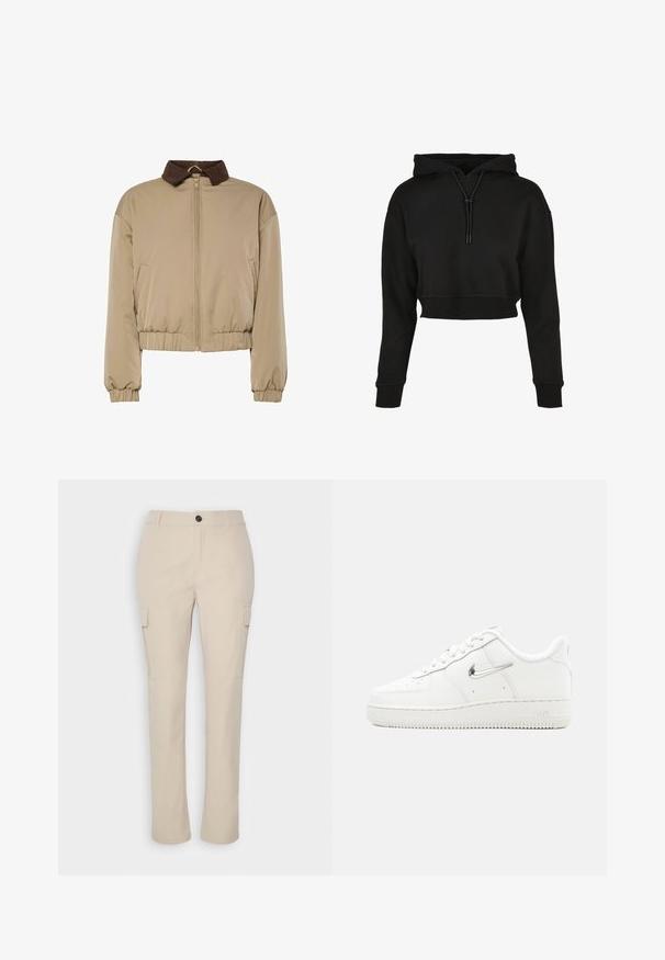 Beige letvægtsjakke med brun fløjlskrage, frontlynlås, elastiske manchetter og samlet talje, præsenteret på en hvid baggrund.; Sort cropped hoodie med snor i hætten, lange ærmer, ribbede manchetter og kant; blød, glat tekstur; minimalistisk design.; ONLY ONLLAGGA PANT - Cargobukser - OXFORD TAN; Hvid Nike Air Force 1 sneaker med metallisk sølv swoosh-logo, snørelukning foran, gennemhullet tå og tekstureret gummisål.