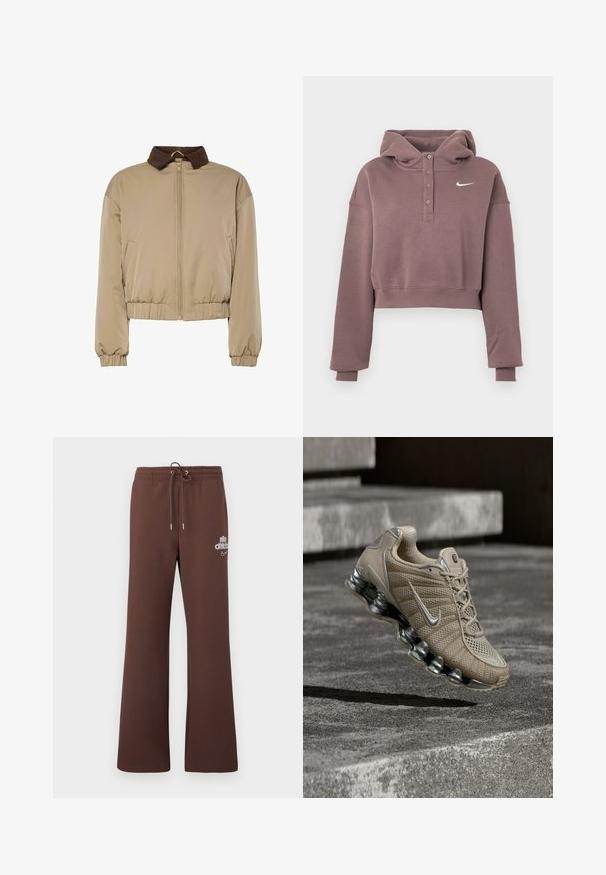 Beige letvægtsjakke med brun fløjlskrage, frontlynlås, elastiske manchetter og samlet talje, præsenteret på en hvid baggrund.; Mauve cropped hættetrøje med lange ærmer, knappet stolpe, ribbede manchetter og kant samt hvid Nike swoosh-logo på brystet.; Brune joggingbukser lavet af blødt stof med snor i taljen, vide ben og et diskret logo trykt i hvidt på venstre lår.; Beige Nike løbesko med sølvdetaljer og fjederlignende sål svævende over betontrin i dæmpet belysning.