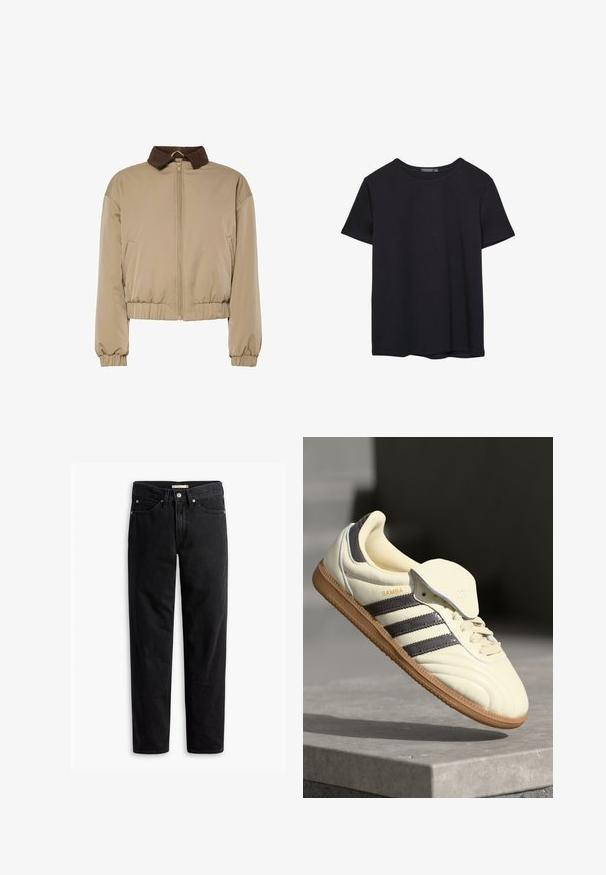 Beige letvægtsjakke med brun fløjlskrage, frontlynlås, elastiske manchetter og samlet talje, præsenteret på en hvid baggrund.; Simpel sort kortærmet bomulds T-shirt med rund hals, præsenteret på en hvid baggrund.; Sorte straight-leg jeans med knap- og lynlåslukning, bæltestropper samt for- og baglommer, vist fladt på hvid baggrund.; Cremefarvede lædersneakers med tre mørke striber, en brun gummisål og en afrundet tå. Har en foldbar tunge mærket "SAMBA."