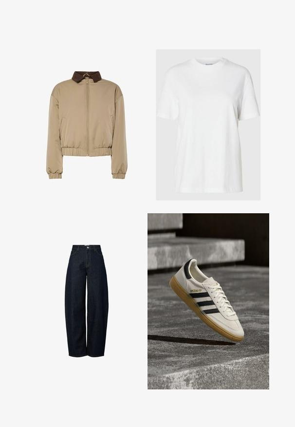 Beige letvægtsjakke med brun fløjlskrage, frontlynlås, elastiske manchetter og samlet talje, præsenteret på en hvid baggrund.; Hvid bomuld t-shirt med korte ærmer og rund halsudskæring. Har en afslappet pasform og et minimalistisk design uden mønstre eller accenter.; Bredde ben mørkeblå denim jeans med høj talje, færdiggjort med kontrasterende orange syninger og en knaplukning foran.; Hvid Adidas Spezial sneaker med sorte striber og gummisål, svævende over grå stentrin udendørs.