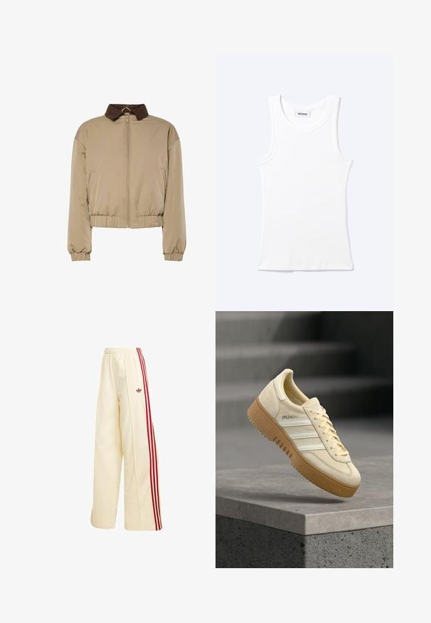 Beige letvægtsjakke med brun fløjlskrage, frontlynlås, elastiske manchetter og samlet talje, præsenteret på en hvid baggrund.; Hvid ærmeløs ribstrikket top med rund halsudskæring og en lille label med teksten "WEEKDAY" indeni kraven.; Kremfarvede vidde træningsbukser med røde sidelommer, elastisk talje, lynlåslomme og rødt Adidas-logo på låret.; Beige ruskindssneaker med gummisål, hvide striber og "SPEZIAL" branding, svævende over en grå trappet betonoverflade.