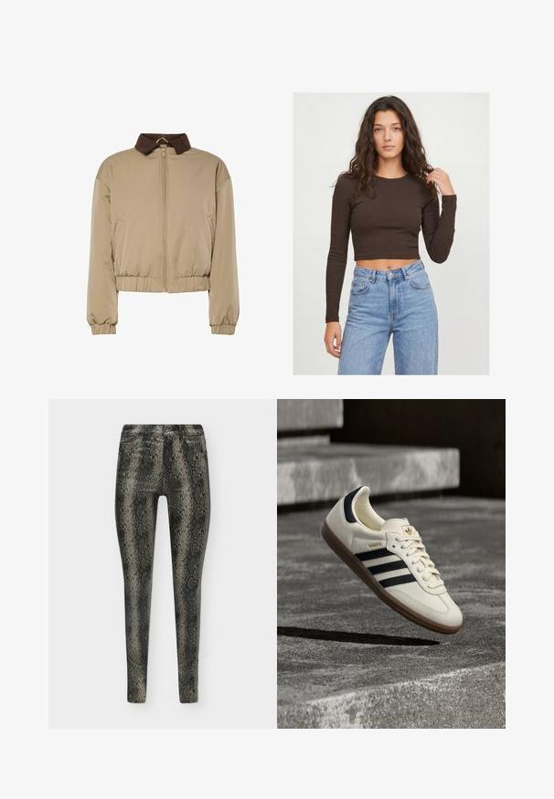 Veste légère beige avec col en velours côtelé marron, fermeture éclair à l'avant, manches élastiques et taille froncée, présentée sur un fond blanc.; Jeune femme aux longs cheveux bouclés portant un crop top marron foncé à manches longues et un jean taille haute bleu clair sur un fond uni.; Pantalon slim avec motif peau de serpent noir et gris, fermeture par boutons et poches avant, présenté sur un fond clair uni.; Baskets blanches Adidas Samba avec des bandes noires et une semelle en gomme, flottant au-dessus de marches en béton gris texturé.