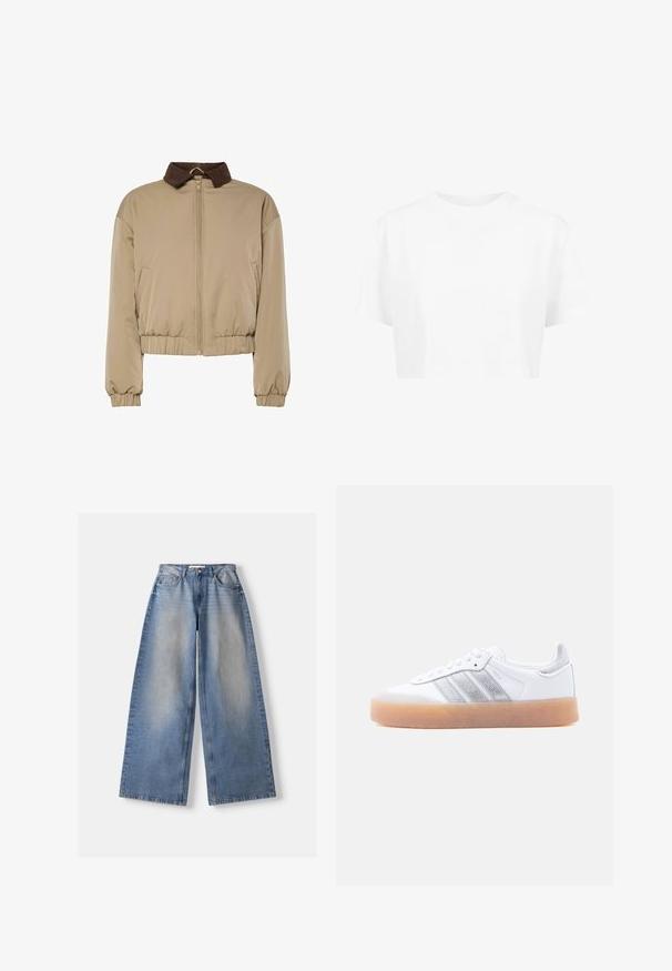 Beige letvægtsjakke med brun fløjlskrage, frontlynlås, elastiske manchetter og samlet talje, præsenteret på en hvid baggrund.; Hvid cropped t-shirt, korte ærmer, rund halsudskæring, lavet af blødt stof, uden synlige mønstre eller distinkt hardware.; Lyseblå vidde jeans med falmet front, fem-lomme stil, knap- og lynlåslukning, lagt fladt på en hvid baggrund.; Hvid lavtop-sneaker med gum-gummisål, sølvstribede sideaccents og snørelukning, vist mod en ensfarvet lys baggrund.
