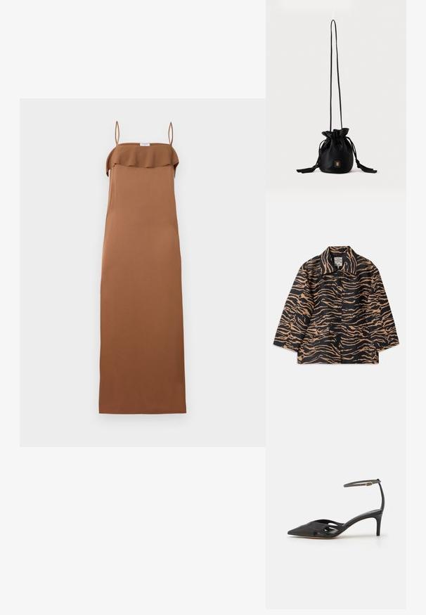Tiger-mønstret frakke i sort og beige stof med krave, knaplukning foran og to forlommer.; Filippa K FLUID DRAPED STRAP DRESS - Cocktailkjole / festkjole - light brow; Sort læder højhælet sko med spids tå, åbne sider og en tynd ankelrem med en lille guld detalje.; Sort snørelukket bucket-taske med lang tynd rem og lille gyldent firkantet logo foran, vist mod en ensfarvet baggrund.