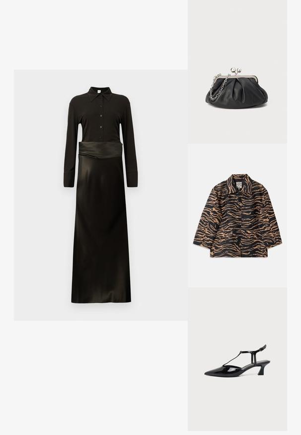 Abrigo con estampado de tigre en tela negra y beige, con cuello, cierre de botones en la parte delantera y dos bolsillos frontales.; Vestido negro de manga larga con cuello, con cierre de botones y falda de satén que cae suavemente. Textura suave, corsé ajustado.; Zapato slingback de cuero charol negro con punta fina, tira en T y tacón bajo en bloque inclinado sobre fondo blanco.; Clutch de cuero negro con textura arrugada, marco de metal en tono plateado, cierre de beso y cadena para colgar. Superficie suave y lisa.