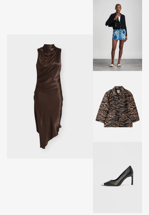 Abrigo con estampado de tigre en tela negra y beige, con cuello, cierre de botones en la parte delantera y dos bolsillos frontales.; Vestido de satén marrón oscuro sin mangas con cuello alto y dobladillo asimétrico, con detalles de tela drapeada en el frente.; Zapato de tacón alto de cuero negro con punta en forma de pico y una tapa metálica plateada. Presenta un acabado suave y un tacón delgado de 10 cm.; Cárdigan negro de punto, blusa blanca, falda de mezclilla con patrón de diamantes en azul y negro, bolso negro y sandalias deslizantes beige.